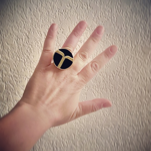 TRINA TURK-Black Super T Ring-Cocktail Ring-Gold Enamel Oversized Statement Ring - Picture 3 of 7